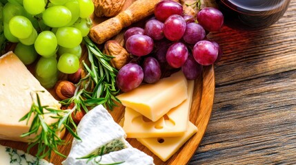 A vibrant cheese platter featuring assorted cheeses, grapes, nuts, and herbs, set on a rustic wooden table