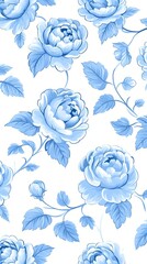 Delicate blue roses and leaves on white background, creating a floral pattern
