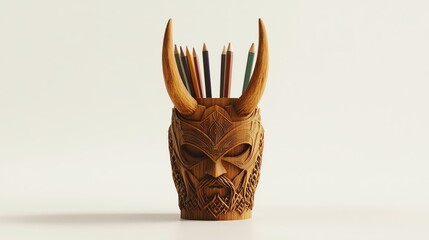 A realistic shot of a desk organizer with a Loki mask design, realistic wood, clean white background, soft lighting