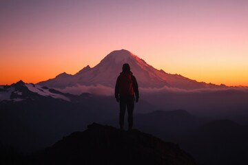 Obraz premium Man with backpack watches sunrise on mountain