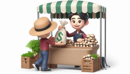 Mushroom market sale local farmers market digital art vibrant setting front view commerce