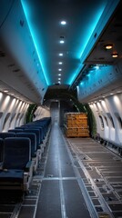 Airplane Interior View with Cargo and Seats Featuring Blue Lighting