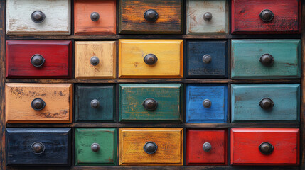 Colorful wooden dresser drawers with various textures shown in full view