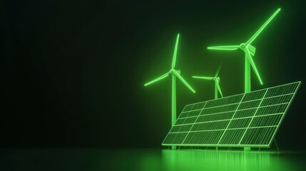 Green energy solar panels and wind turbines 3 d render