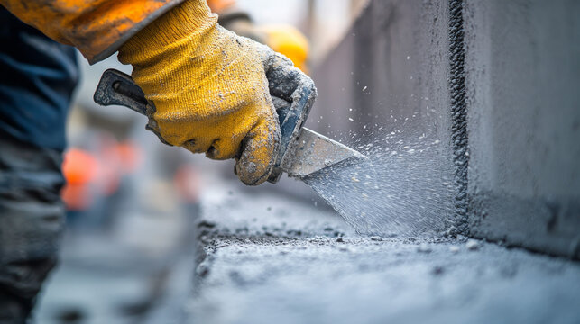 Concrete wall being sliced with a cutting machine by a gloved worker on a construction site