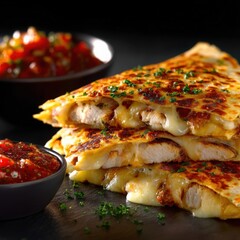 loaded quesadilla with melted cheese on grill, mexican food, crispy tortilla, close-up shot