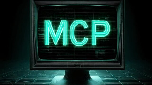 Retro-styled computer monitor displaying glowing MCP text in a dark, futuristic setting