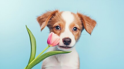A cute puppy holding a tulip in its mouth, sitting against a light blue background.