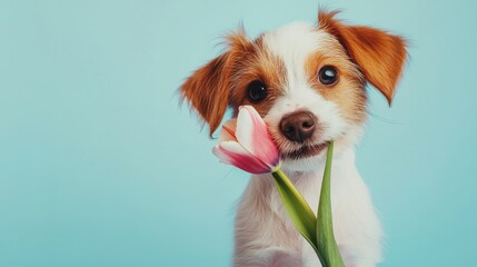 A cute puppy holding a tulip in its mouth, sitting against a light blue background.