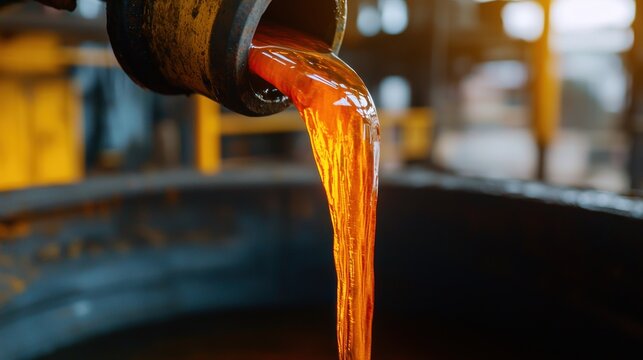 Molten metal streams from a pipe into a container during an industrial process.