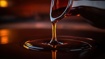 Dark, viscous liquid pouring from a bottle, reflecting light on a dark surface.