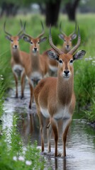 Fototapeta premium Standing Lechwe Antelopes in Water in African Wilderness Landscape Antelopes Facing Forward Wildlife Scene
