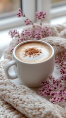 Cozy morning coffee with flowers and a warm knit.