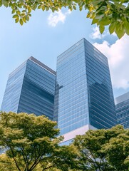 Modern glass skyscrapers framed by lush green trees under a partly cloudy sky