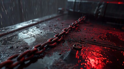 A metal chain lies on a wet, dark surface, illuminated by red light, with rain falling in the background.