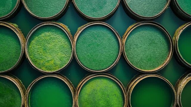 Aerial top-down view of circular algae cultivation ponds forming a seamless geometric pattern. emerald green water and uniform layout emphasize biofuel production and eco-friendly technology solution