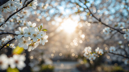 Blooming cherry tree branch in spring orchard at sunset with bokeh effect