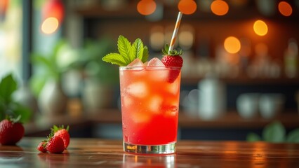 Strawberry drink with mint garnish on wooden table at restaurant