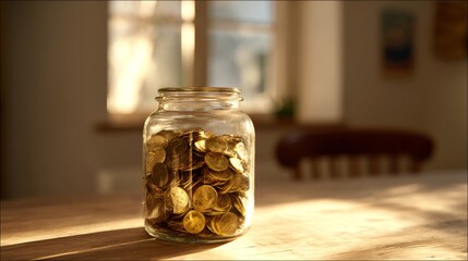 Golden coins in a glass jar on a wooden table, symbolizing wealth and prosperity
