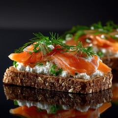 smoked salmon tartine with cream cheese on rye bread, gourmet brunch
