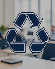 Recycling symbol superimposed on a blurred office scene