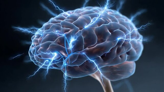 A highly detailed 3D rendering of a human brain emitting electric sparks, symbolizing neural activity