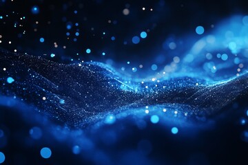 Abstract digital landscape of flowing particles.  Particles in various shades of blue and dark create undulating waves over a dark background