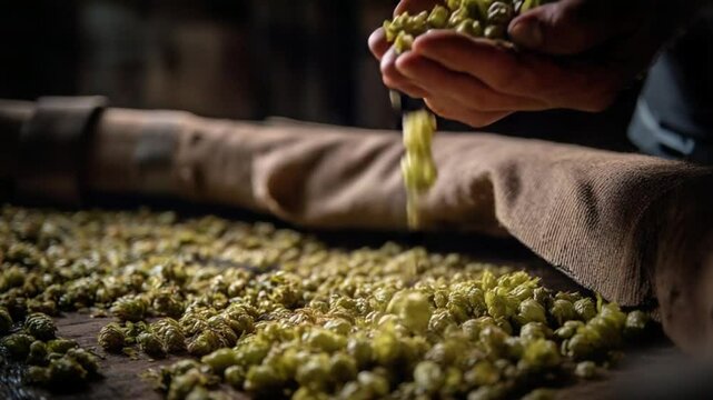 Hands sorting fresh hops on a wooden table in a rustic brewery, with blurred barrels in the background