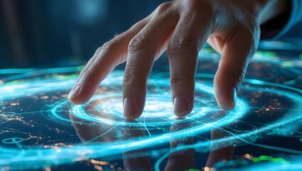 Hand touching glowing digital globe interface, ideal for technology or global communication themes