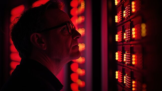 Man with glasses inspecting a server rack with glowing red lights in a dark room.