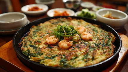 Fototapeta premium Sizzling Seafood Pancake: A tantalizing seafood pancake, adorned with succulent shrimp, sits enticingly on a rustic iron skillet. Alongside the vibrant dishes, an array of small.