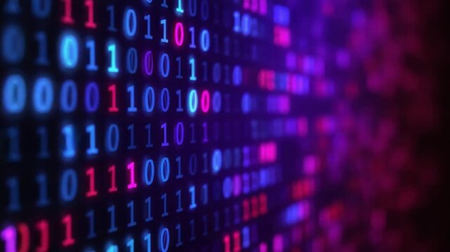 Colorful binary code pattern illuminated in a digital space, symbolizing technology and data