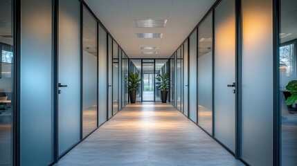 Modern office hallway with frosted glass doors and plants.