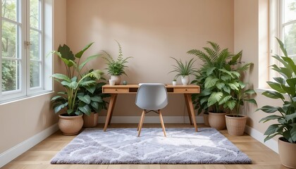 Serene Home Office Nook with Plush Rug & Greenery