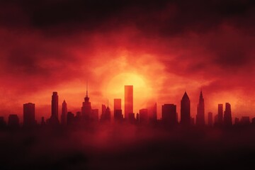 City skyline silhouette at sunrise