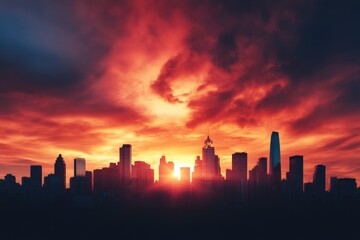 City silhouette at colorful sunset