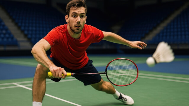 Focused badminton player in action