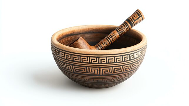 A photorealistic closeup of a bowl with an ancient Greek aulos pipe design, realistic ceramic, clean white background, soft lighting