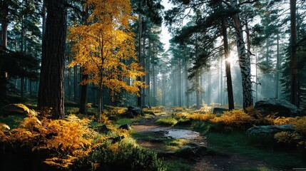 Autumn birch forest with golden sunlight filtering through leaves, misty river and fallen foliage in serene morning ambiance.