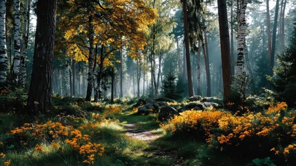 Fototapeta premium Autumn birch forest with golden sunlight filtering through leaves, misty river and fallen foliage in serene morning ambiance.
