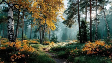 Obraz premium Autumn birch forest with golden sunlight filtering through leaves, misty river and fallen foliage in serene morning ambiance.