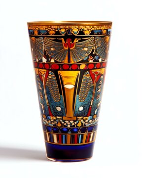 A realistic shot of a glass with an ancient Egyptian sistrum pattern, realistic glass, clean white background, soft lighting