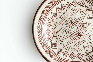 A photorealistic closeup of a plate with a Mesopotamian drum pattern, realistic ceramic, clean white background, soft lighting