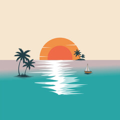 Sunset over the Ocean with Palm Trees and a Sailboat
