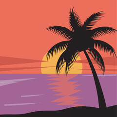 vector illustration of palm trees with sea and sunset on a tropical beach