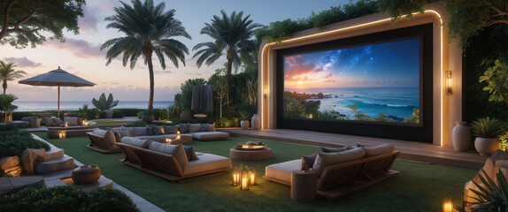 Luxury outdoor home theater with comfortable seating and a stunning coastal view