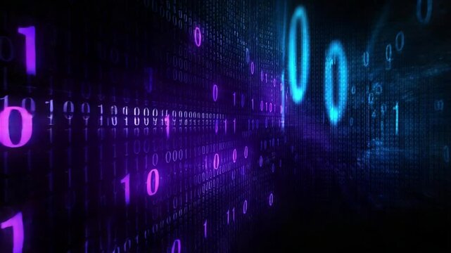 Abstract digital background featuring binary code in vibrant colors, symbolizing technology and data flow