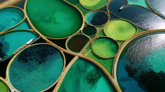Aerial view of interconnected circular algae ponds with vivid emerald turquoise water, forming an intricate geometric pattern. Designed for sustainable microalgae cultivation in a modern aquaculture