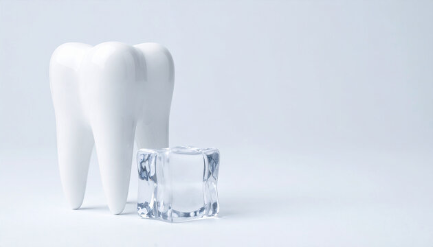 White tooth model and ice cube. Cold sensitivity, fragility, numbness. Dental care, hygiene,