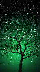 Enchanted Tree Silhouette Under a Starry Night Sky with Green Aurora Hues